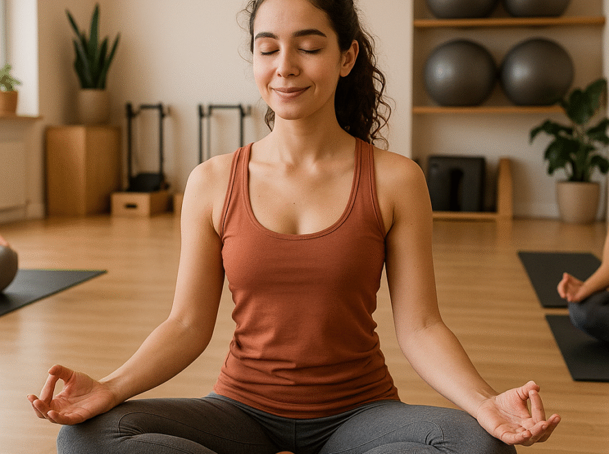 Mujer sonriente practicando yoga.